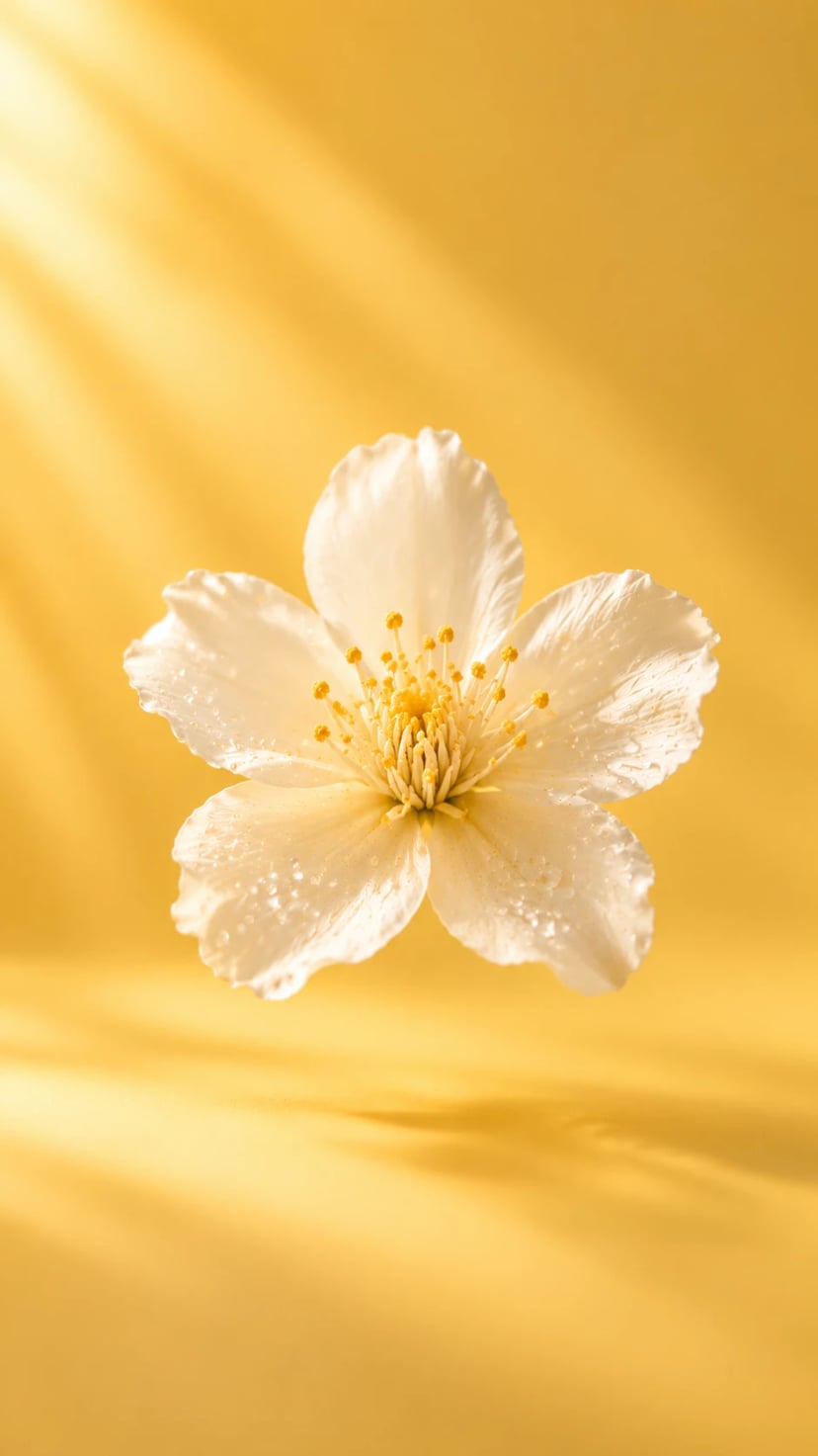 Fleur blanche délicate, perlée de gouttes, sur un fond doré