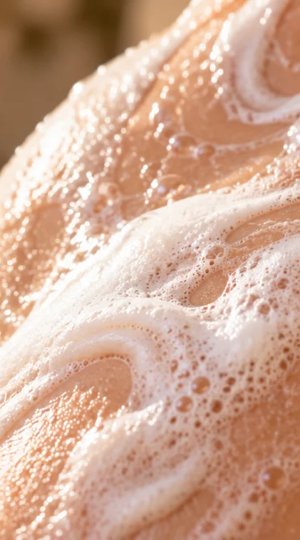Mousse de savon blanche et fine posée sur la peau